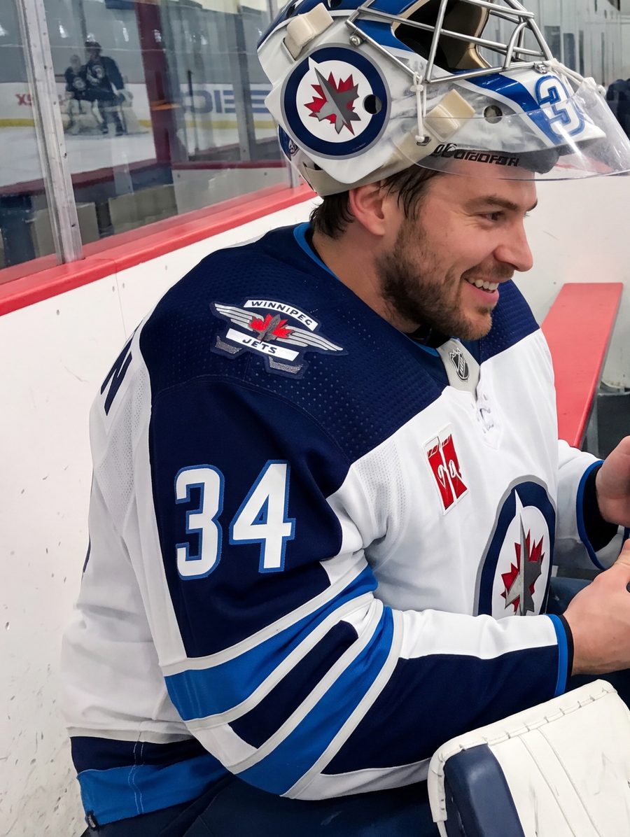 Michael Hutchinson in Winnipeg Jets goalie gear at the bench with a tablet